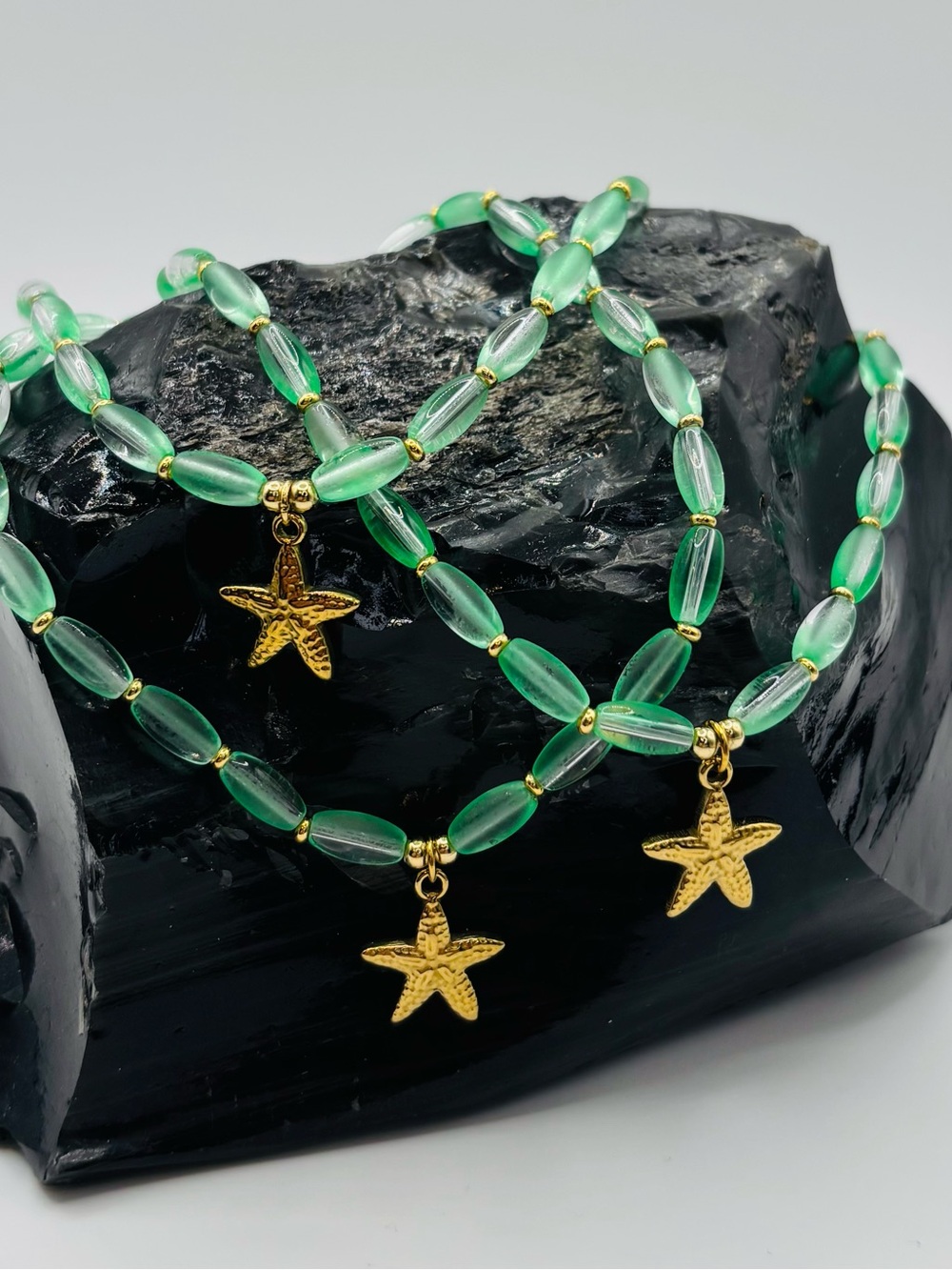 *ANKLET* S.Steel Gold Starfish & Green Frosted Glass Stretchy Anklet